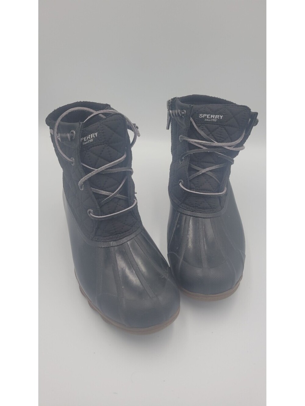 Sperry Women's Waterproof Rubber Boots Size 8.5M Black Quilted Lace-Up with Side